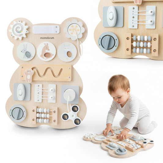 Tablă manipulativă Montessori din lemn - învățare senzorială a independenței: Velcro, dop, labirint, buton cu clic